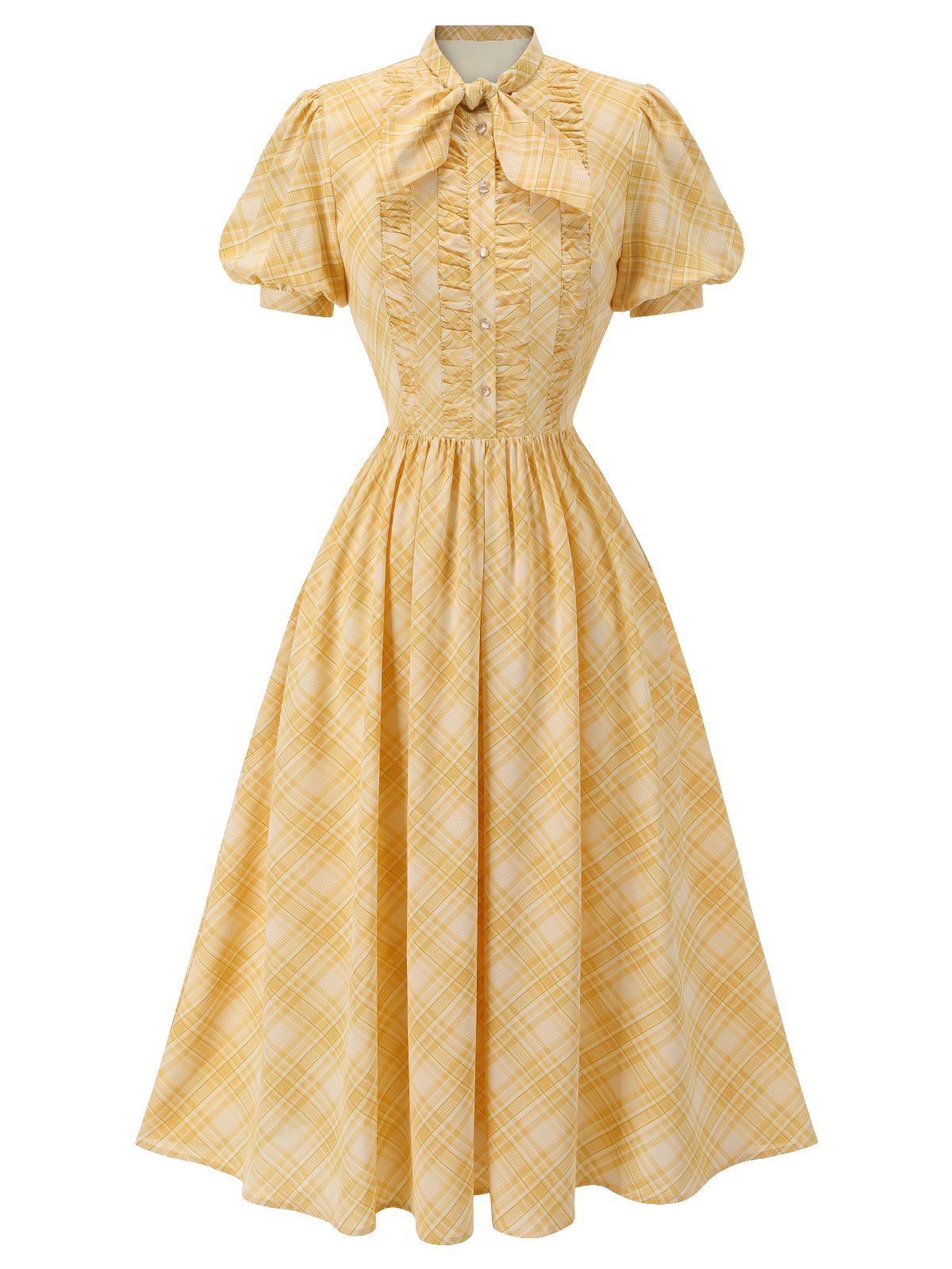 YELLOW 1940S COLLARED BUTTON CHECK DRESS