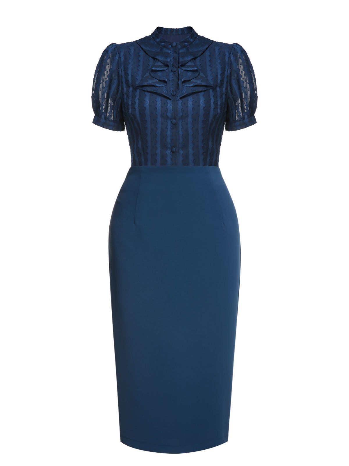 Navy Blue Stand Collar Shirt & Solid Wrap Skirts