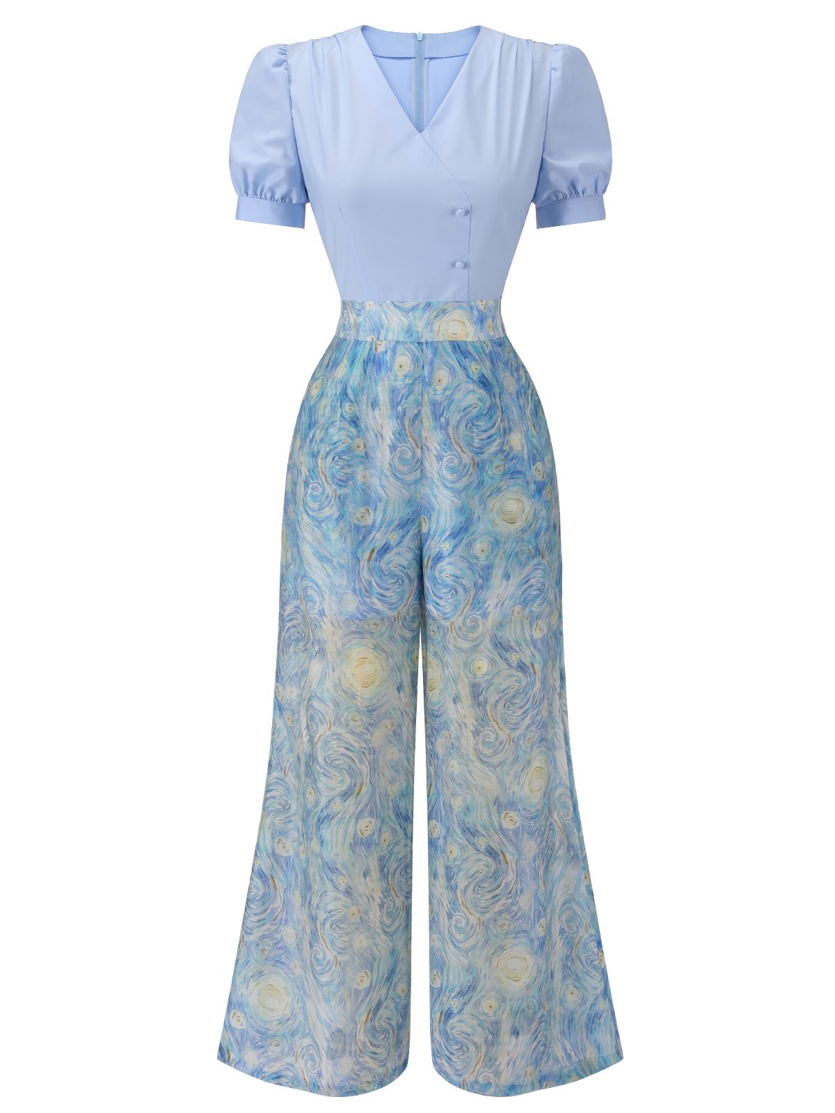 Blue Oil Painting Mesh Patchwork Jumpsuit