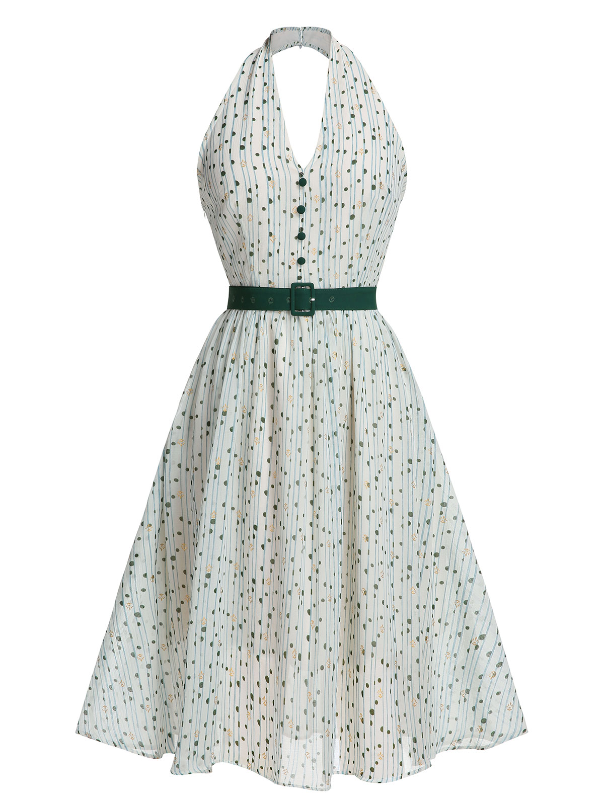 STRIPED POLKA DOT BRONZING HALTER DRESS