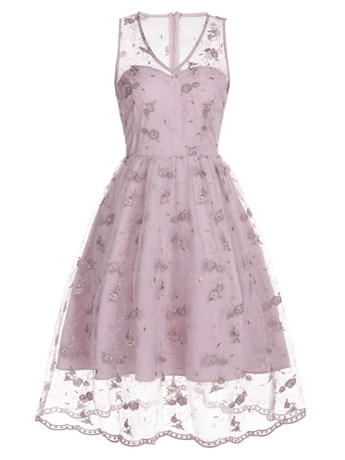 Lavender Gold Thread Mesh Embroidered Dress