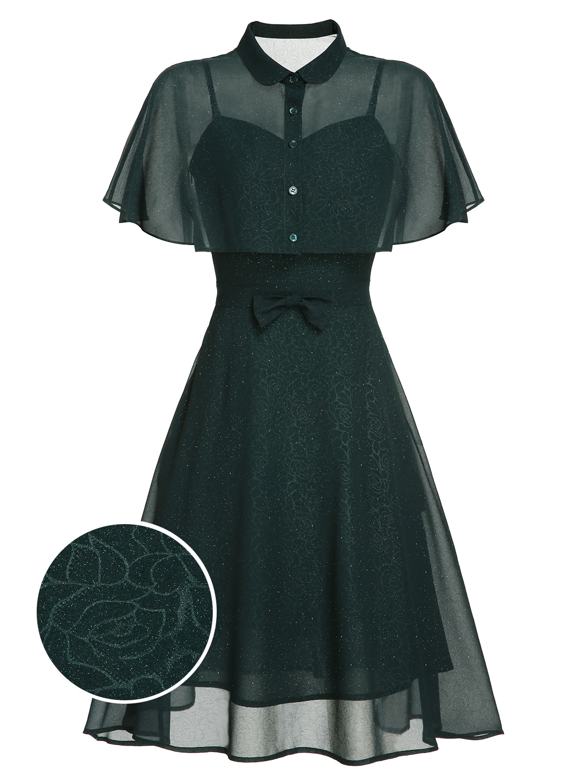 Dark Green 1950S Rose Shawl Flared Dress