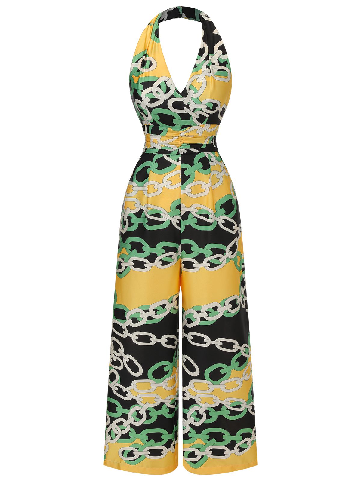 Yellow 1930S Chain Print Halter Jumpsuit
