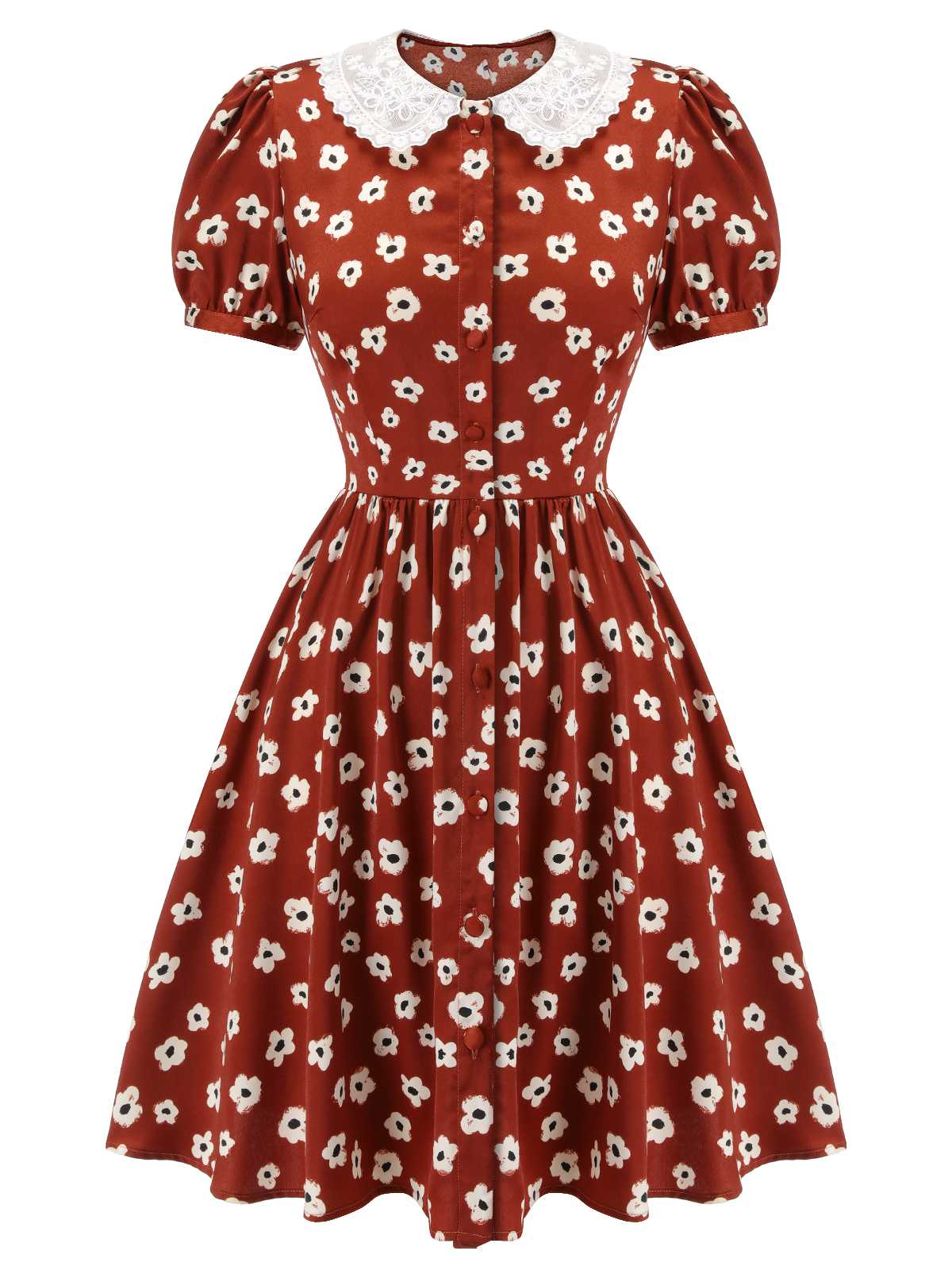 Red 1960S Floral Puff Sleeve Flared Dress