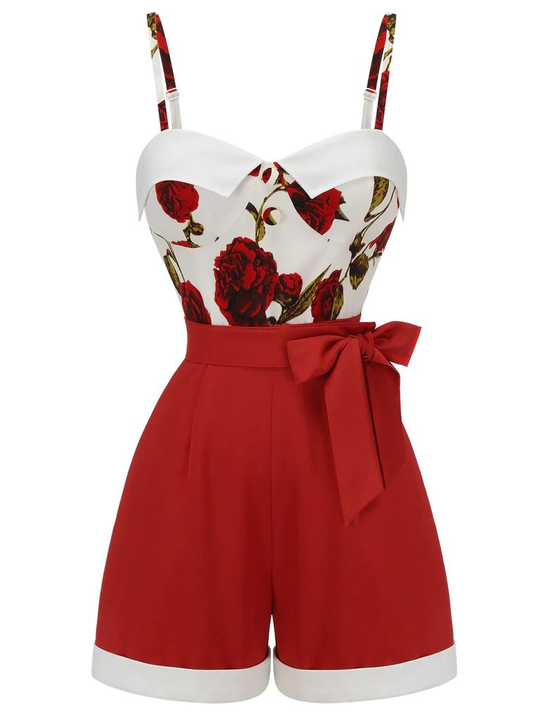 RED 1950S FLORAL STRAP PATCHWORK ROMPER