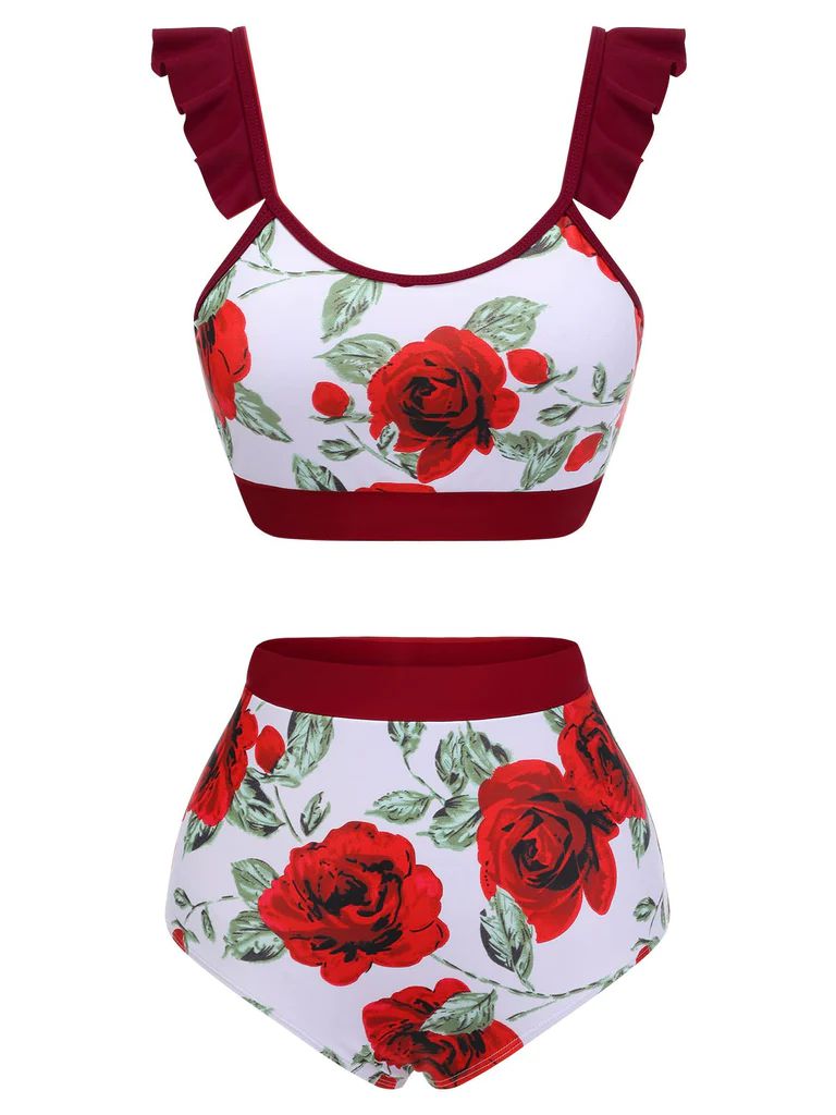 RED 1940S FLORAL RUFFLES SWIMSUIT