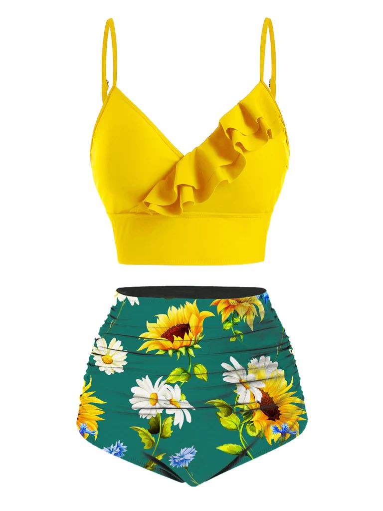 2PCS YELLOW 1950S SUNFLOWER RUFFLES V-NECK SWIMSUIT