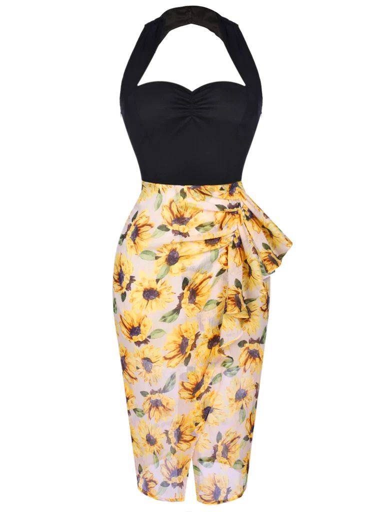 BLACK 1960S HALTER SUNFLOWER PENCIL DRESS