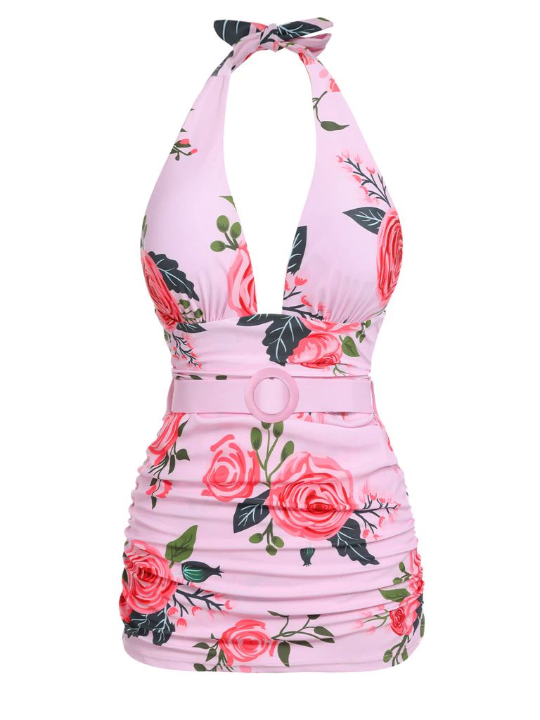 PINK 1930S ROSES HALTER BELT SWIMSUIT