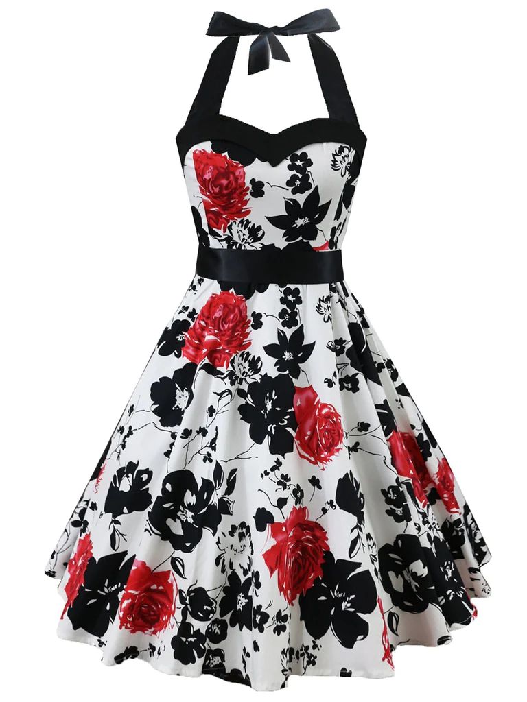 WHITE 1950S FLORAL HALTER SWING DRESS