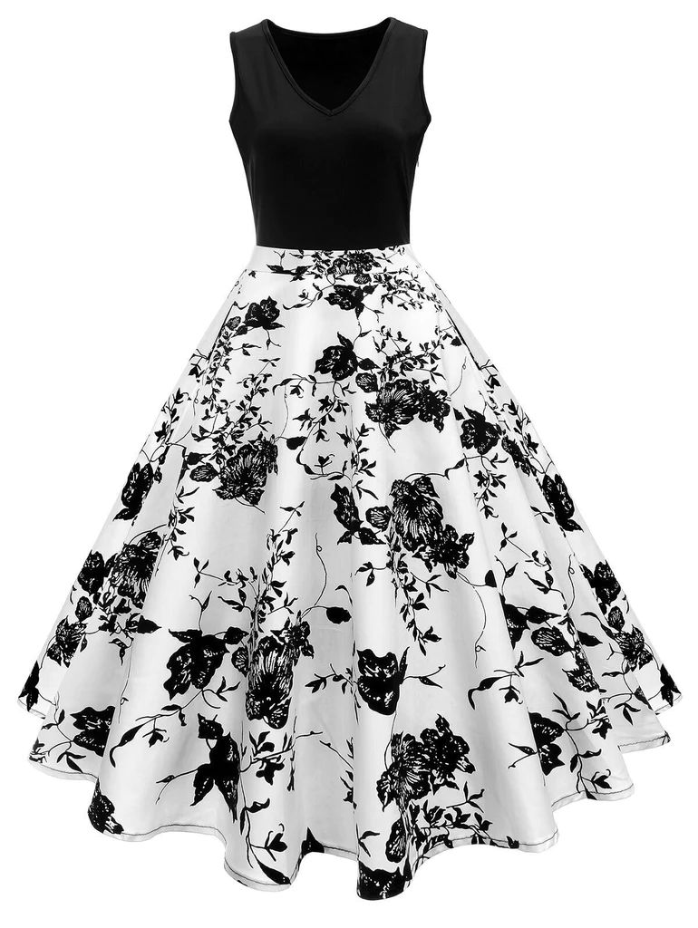 BLACK 1950S FLORAL SWING DRESS