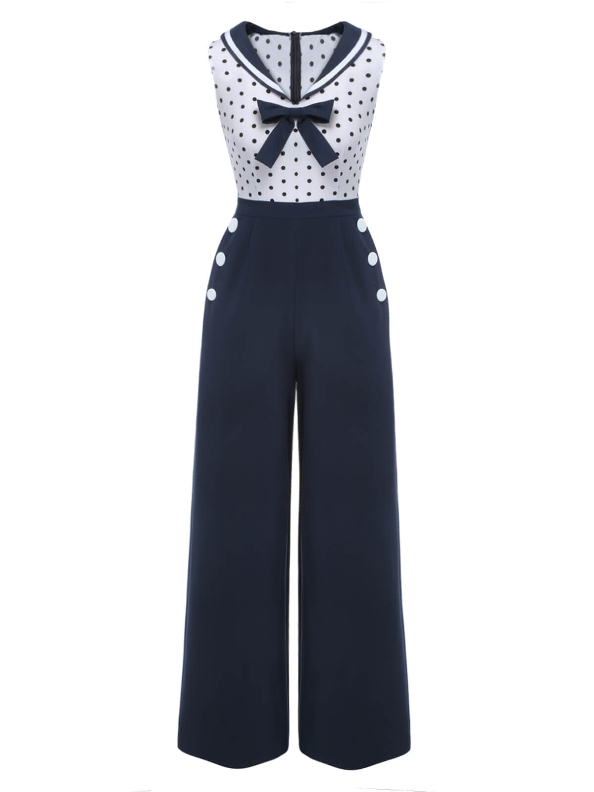 Blue 1940s Polka Dot Bow Lapel Jumpsuit