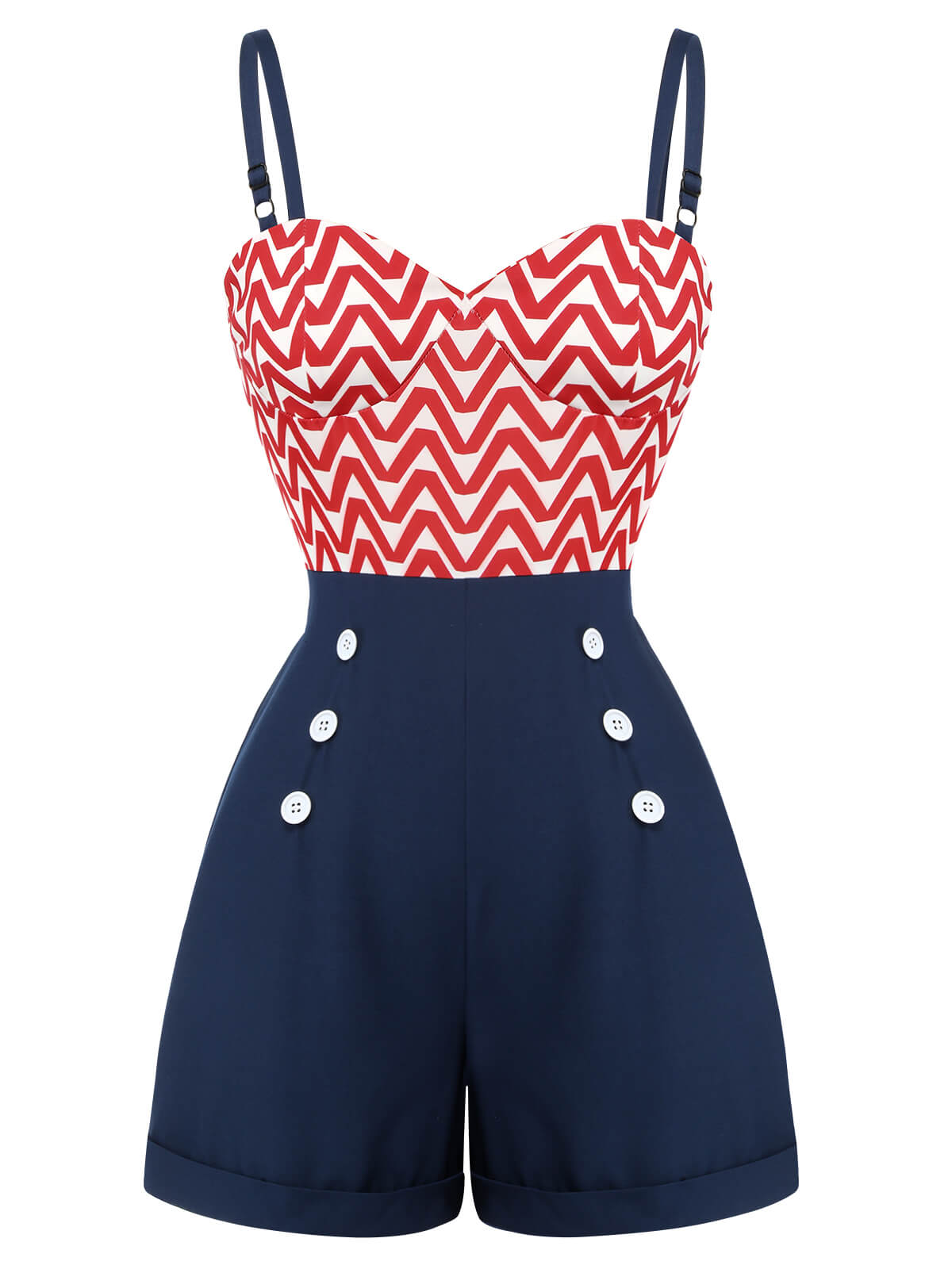 Red & Blue 1950s Chevron Stripe Strap Romper