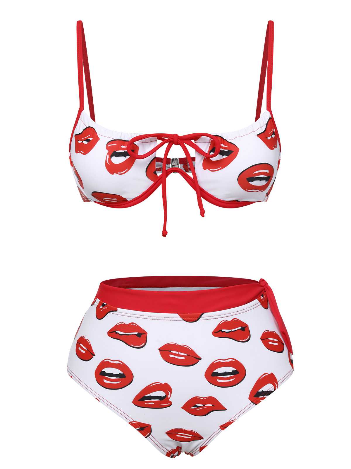 Red 1970s Spaghetti Strap Lip Print Swimsuit