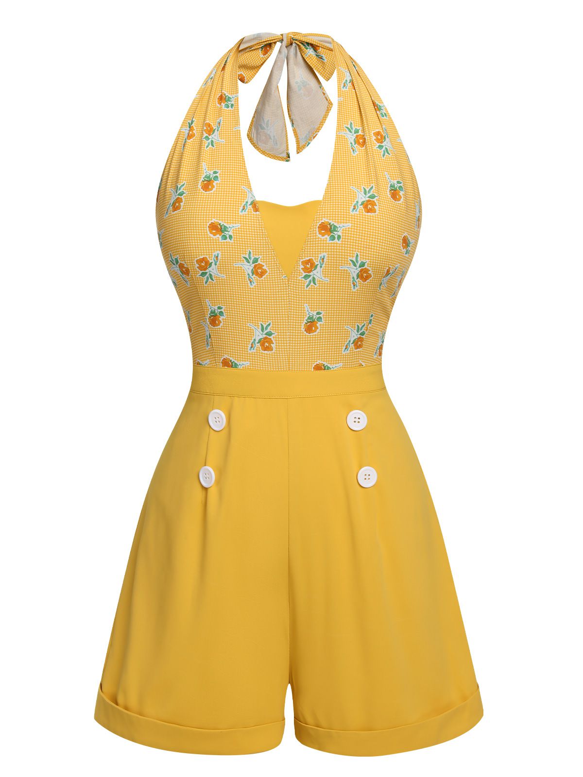 Yellow 1950s Plaid Floral Halter Romper