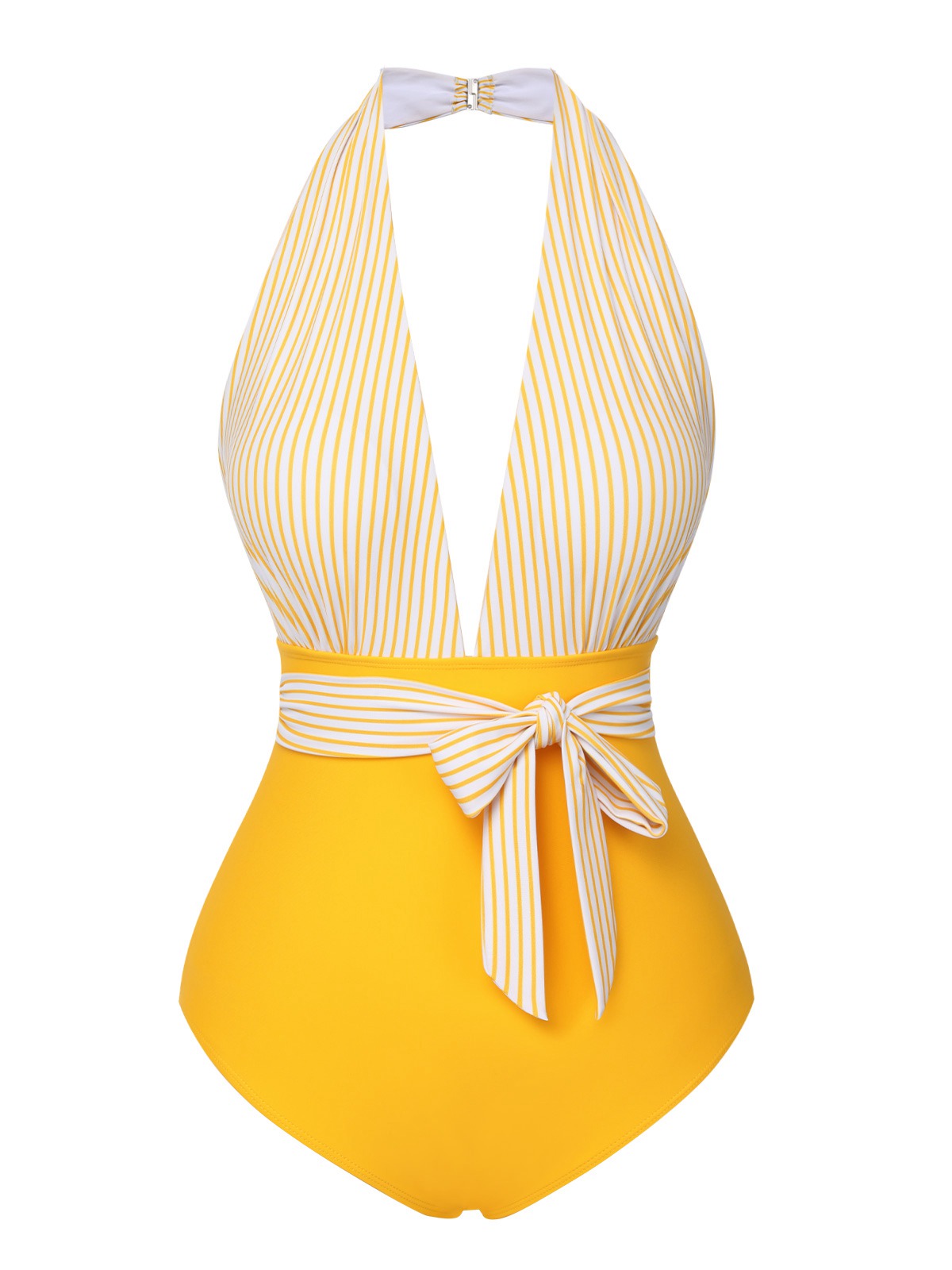 Yellow 1950s Halter Striped Patchwork Swimsuit