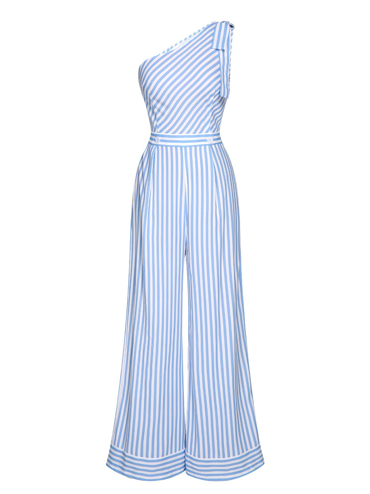 Blue 1930s One-Shoulder Stripes Tie-Up Jumpsuit