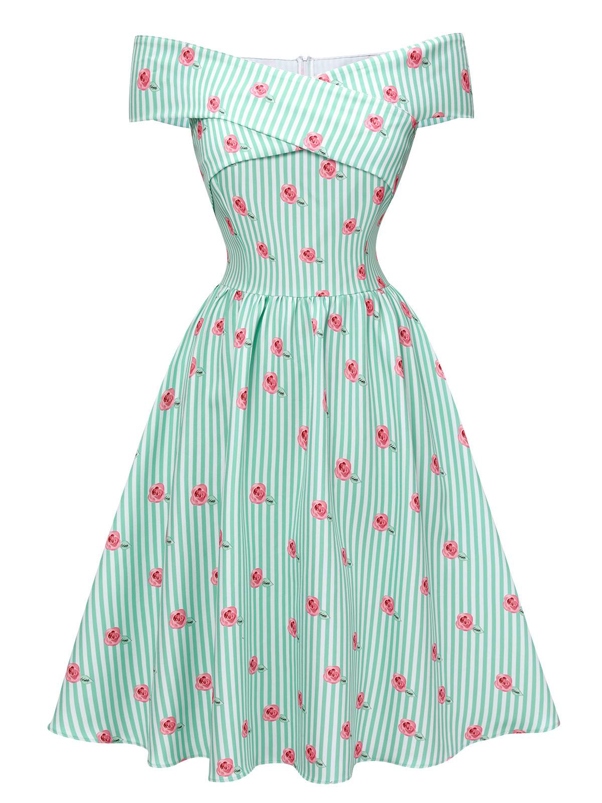 Green 1950s Off-Shoulder Stripes Flowers Dress