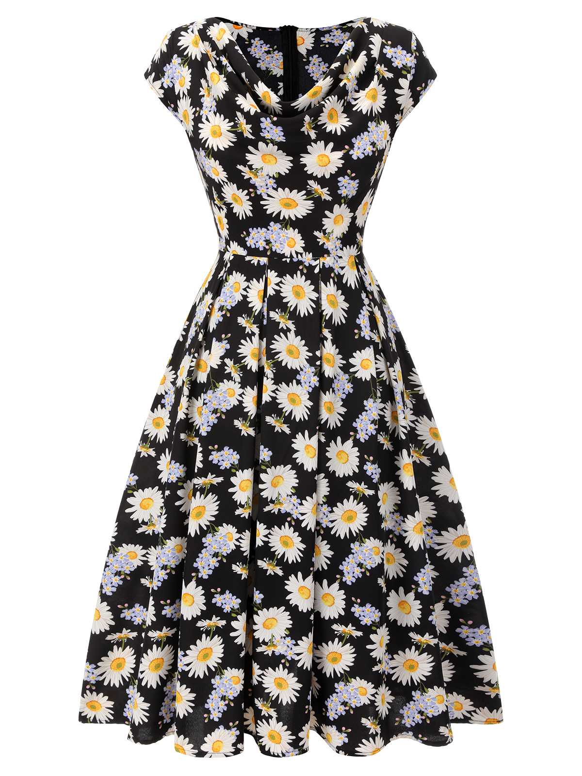 Black 1940s Cap Sleeve Daisy Dress