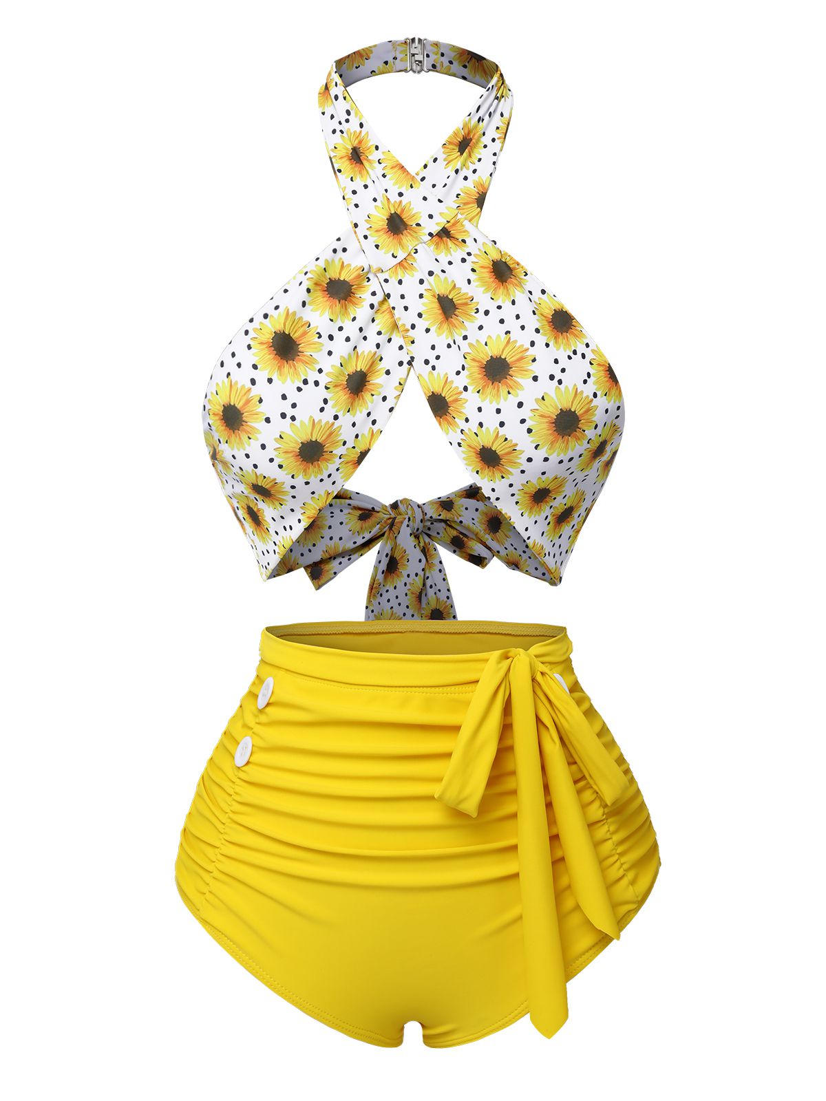 Yellow 1950s Sunflower Cross Halter Swimsuit