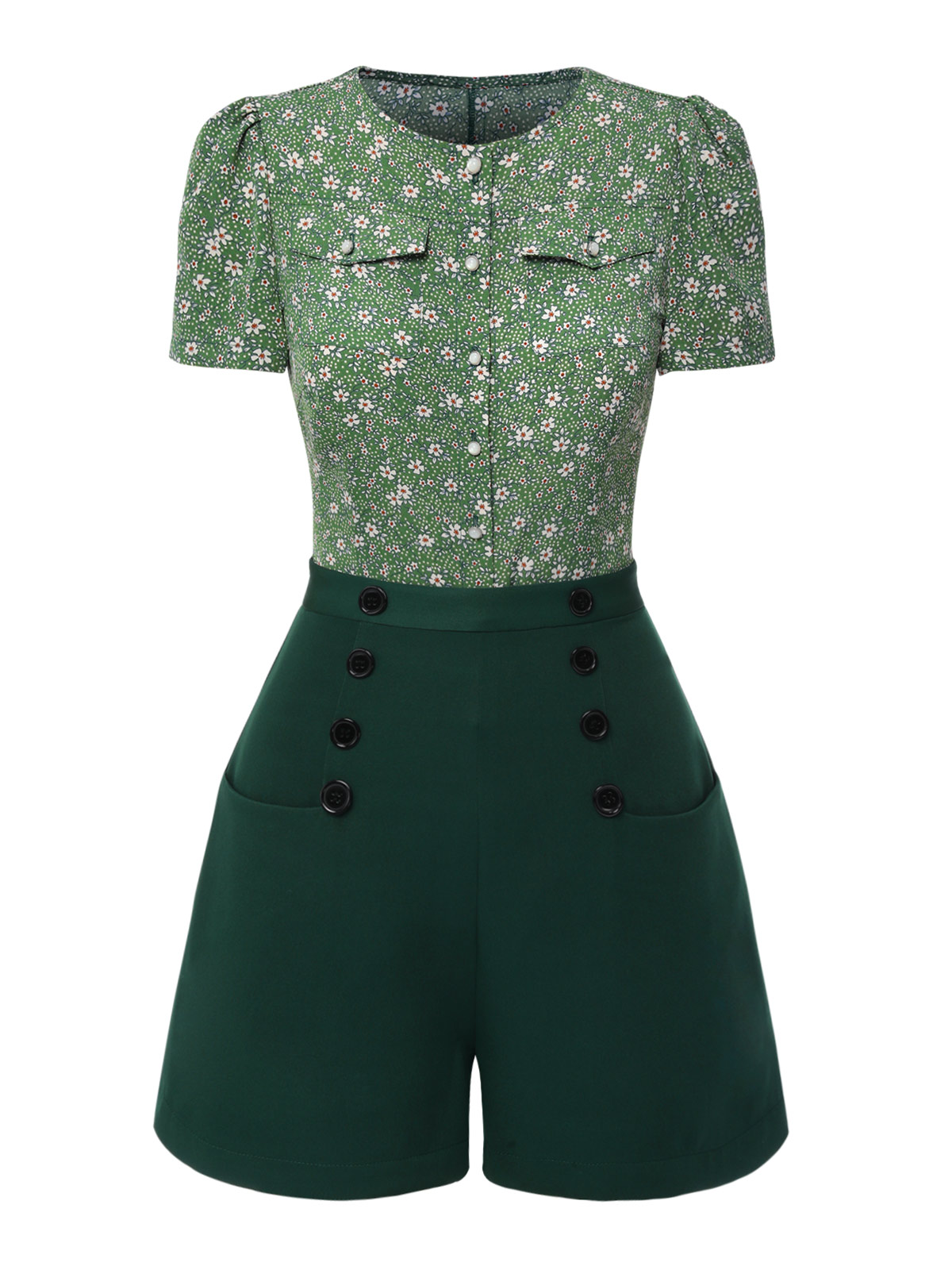 2PCS Green 1940s Floral Blouse & Solid Button Shorts