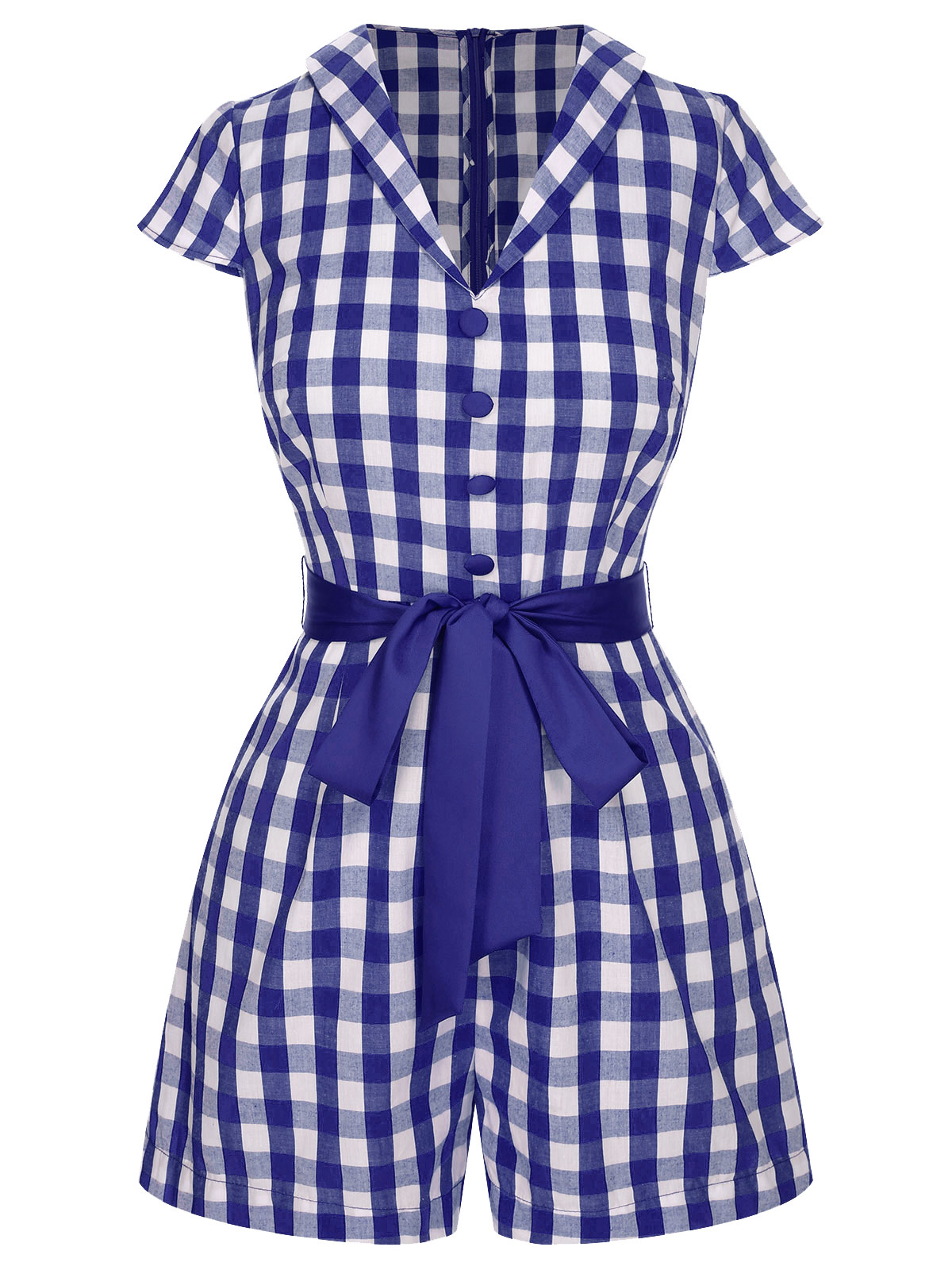 Blue 1940s Lapel Plaids Belted Romper