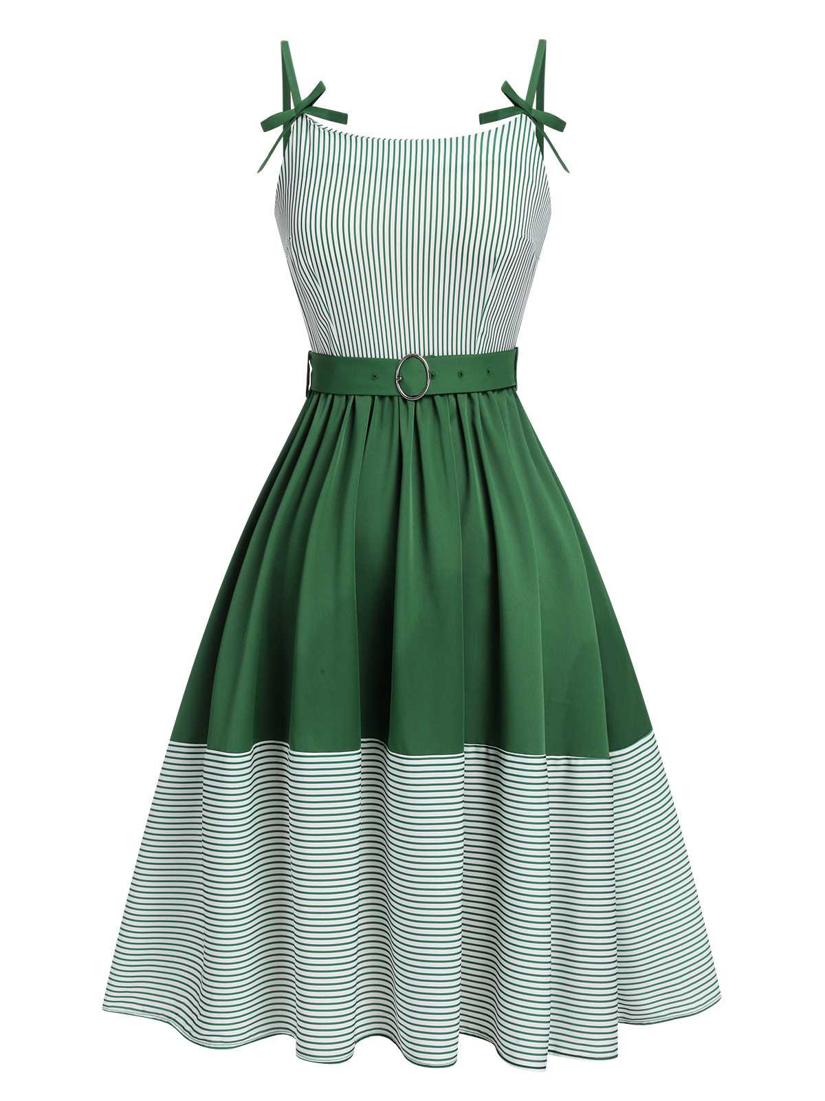 Green 1940s Spaghetti Strap Stripes Patchwork Belted Dress