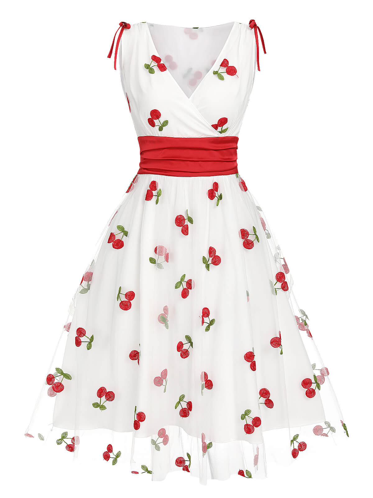 White 1950s Embroidered Cherry Mesh Dress