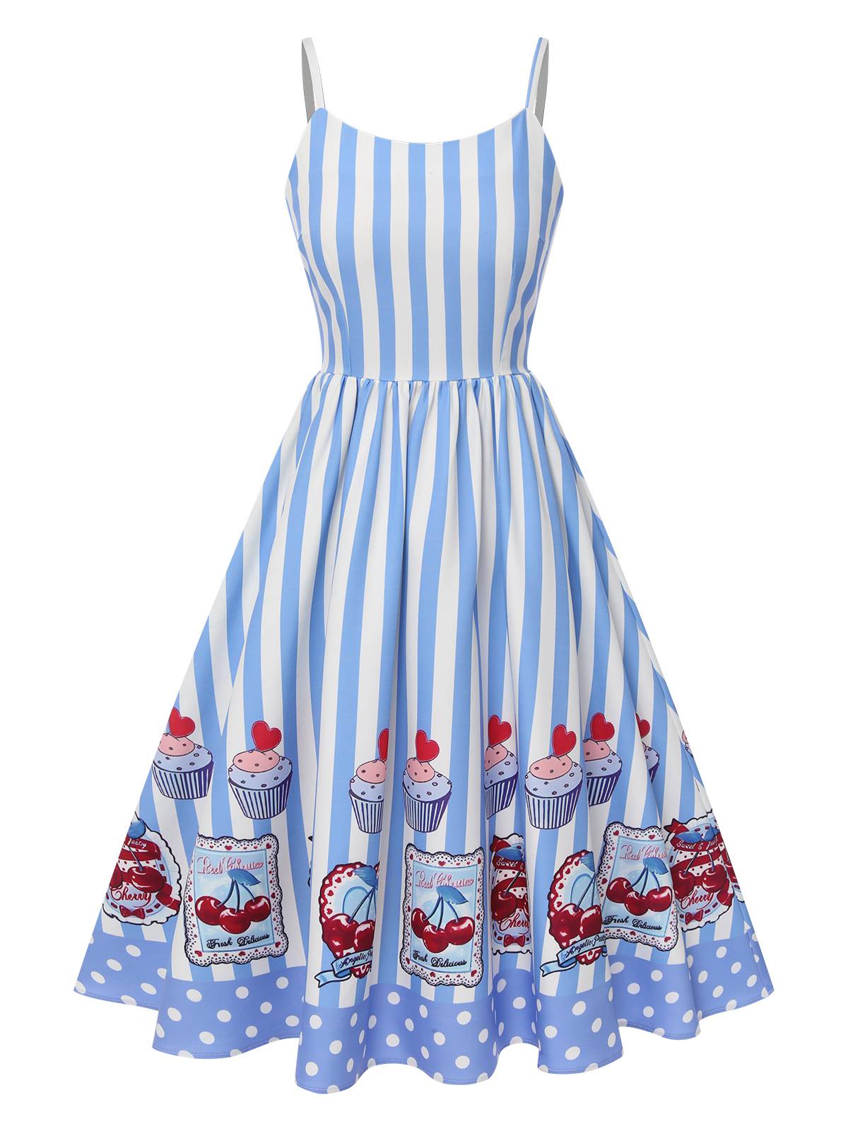 Blue 1950s Spaghetti Straps Stripes Dress