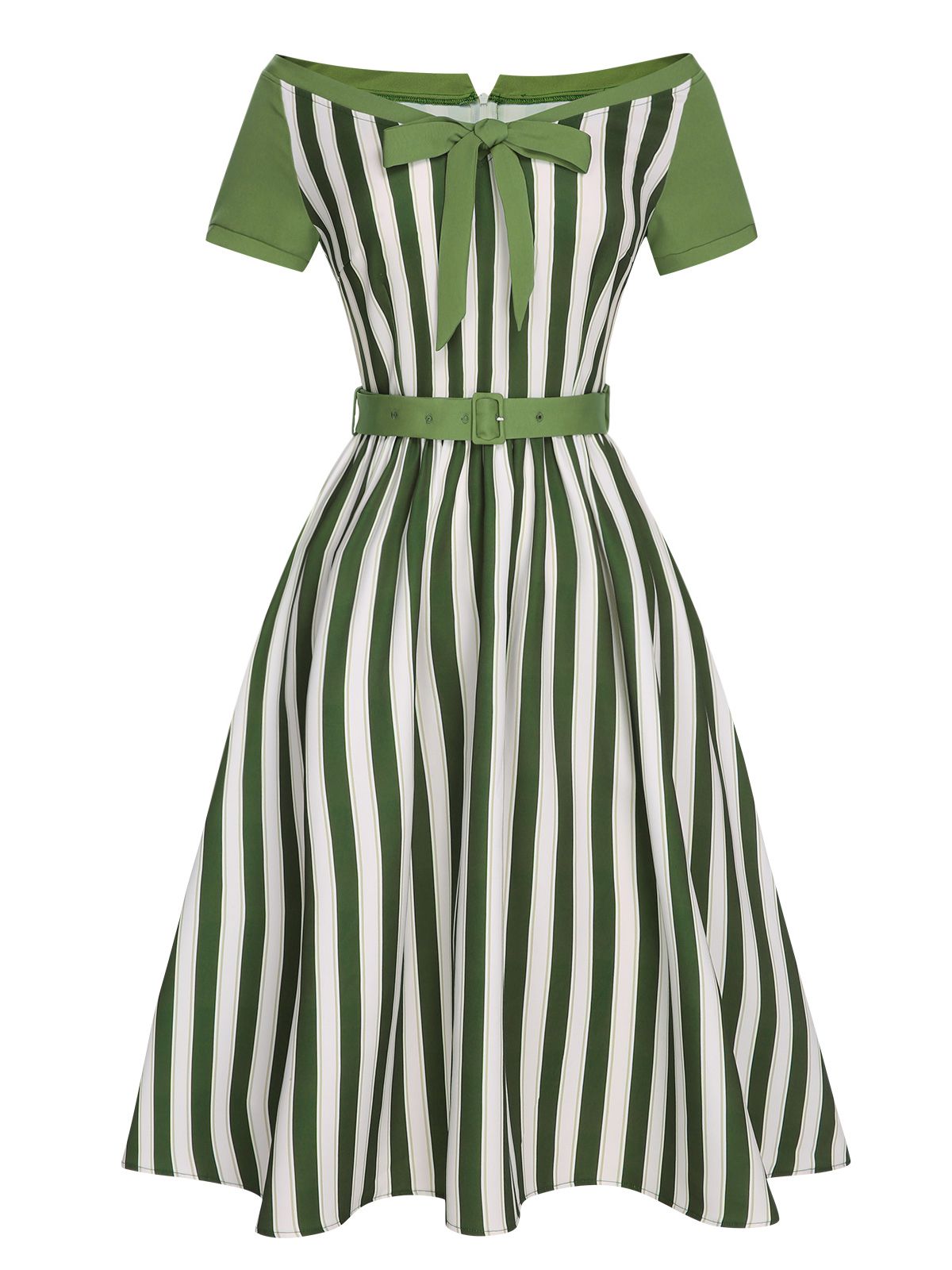 Green 1940s Off-Shoulder Stripes Bow Belted Dress