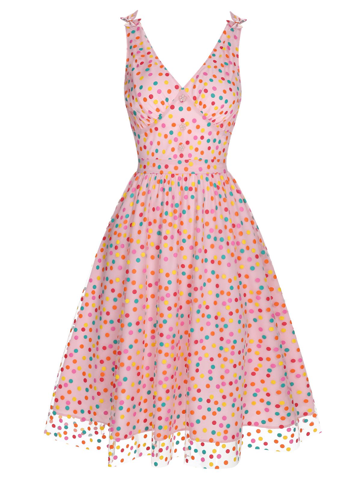 1950s V-Neck Rainbow Polka Dots Mesh Dress