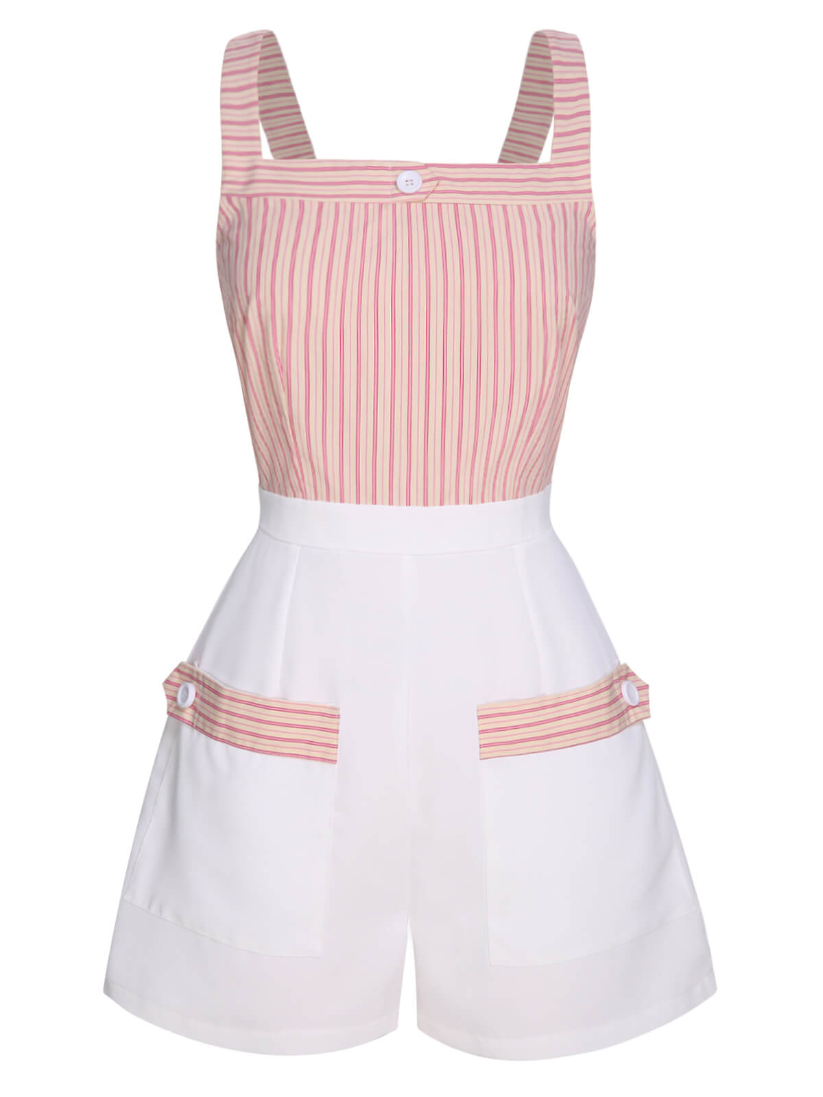 Pink 1960s Stripe Patchwork Straps Romper