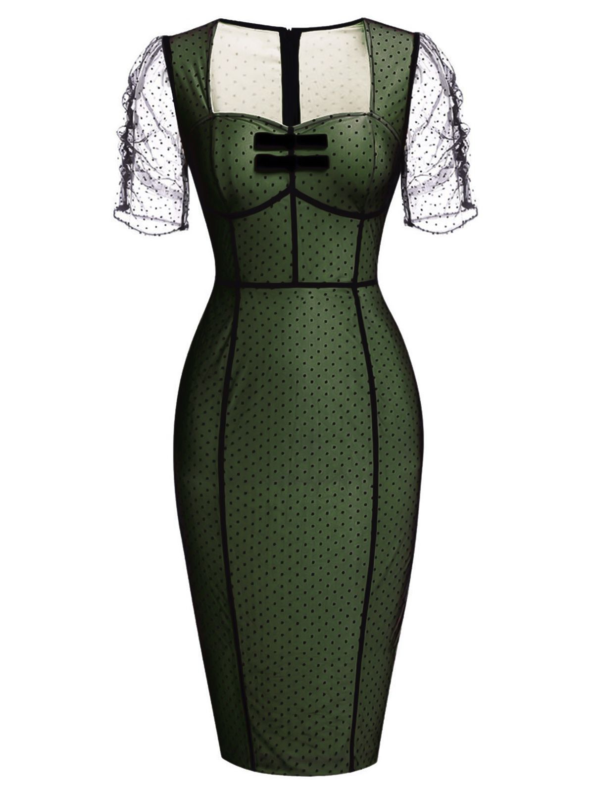 Green 1960s Polka Dot Mesh Pencil Dress