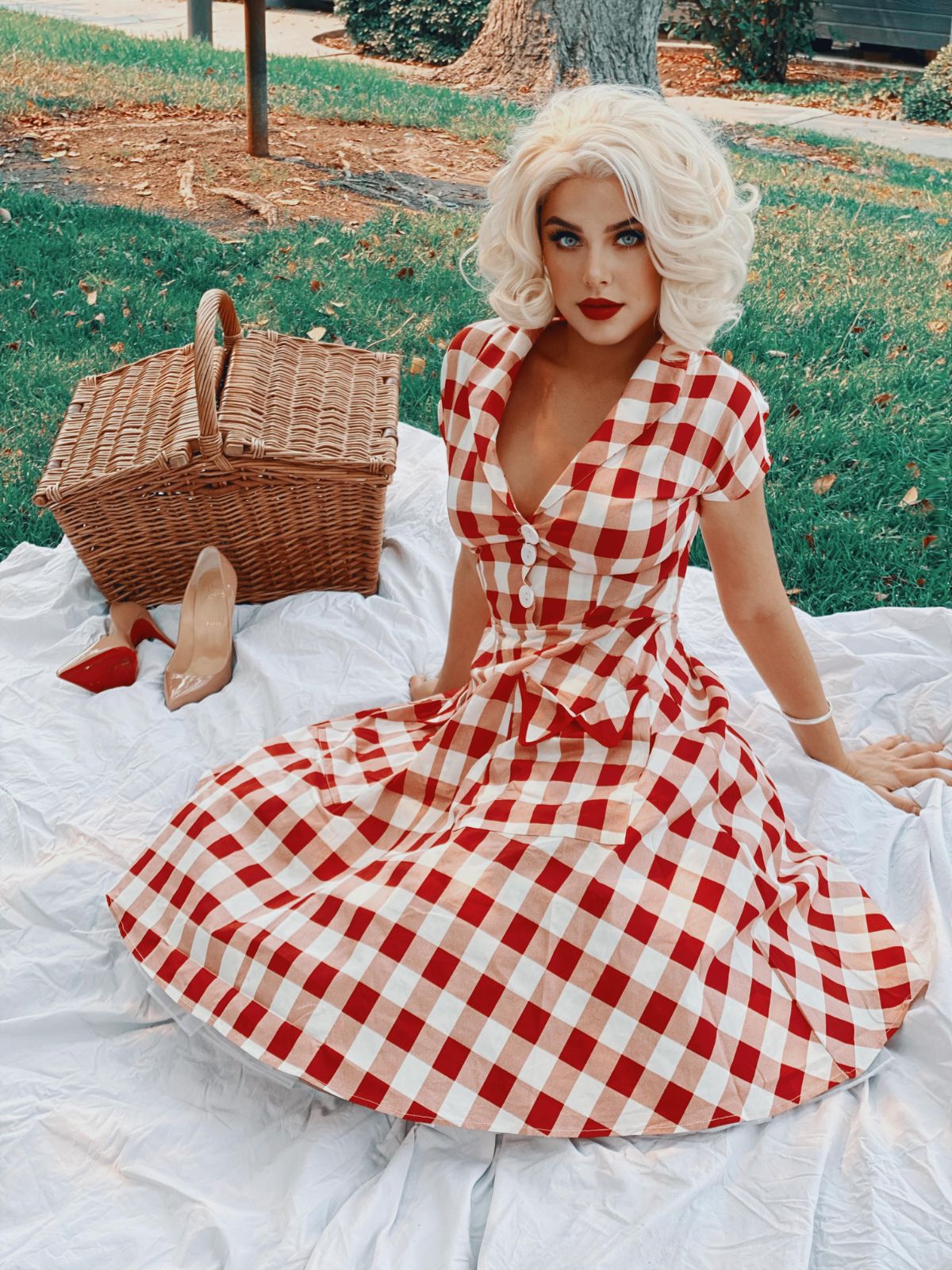 Red White 1950s Pockets Plaid Dress