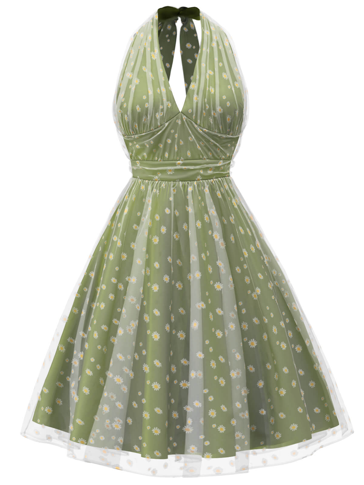 Green 1950s Daisy Mesh Halter Dress