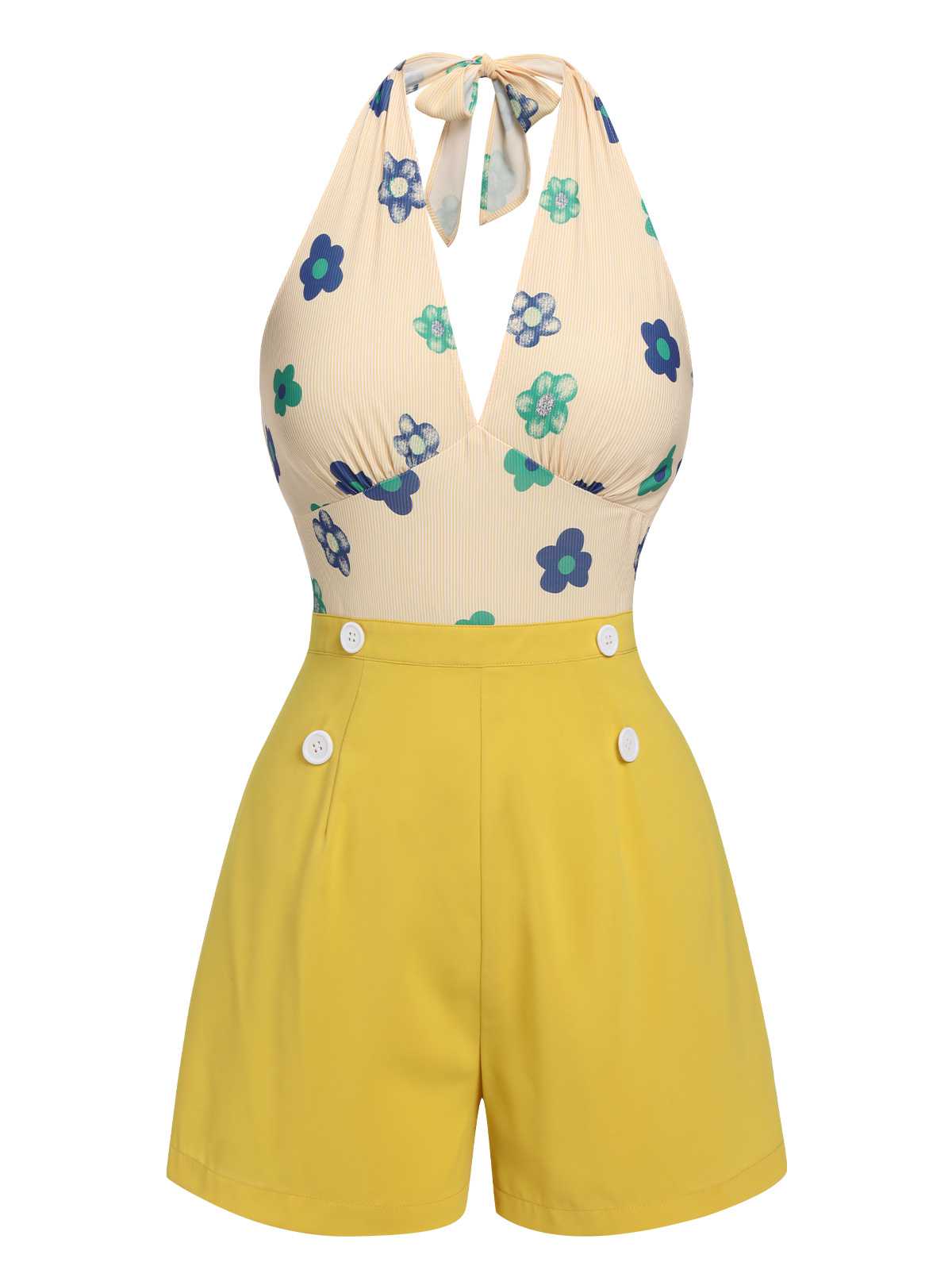 Yellow 1950s Halter Floral Stripes Romper