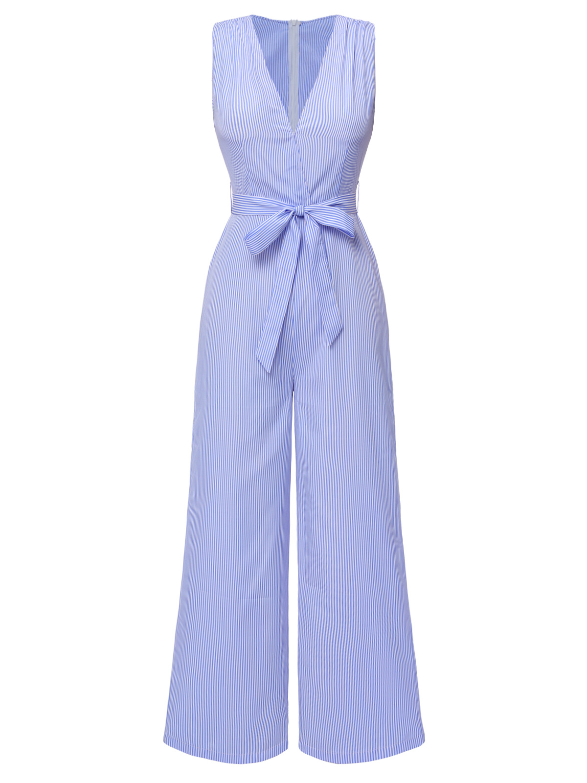 Blue 1960s Striped V-Neck Belt Jumpsuit