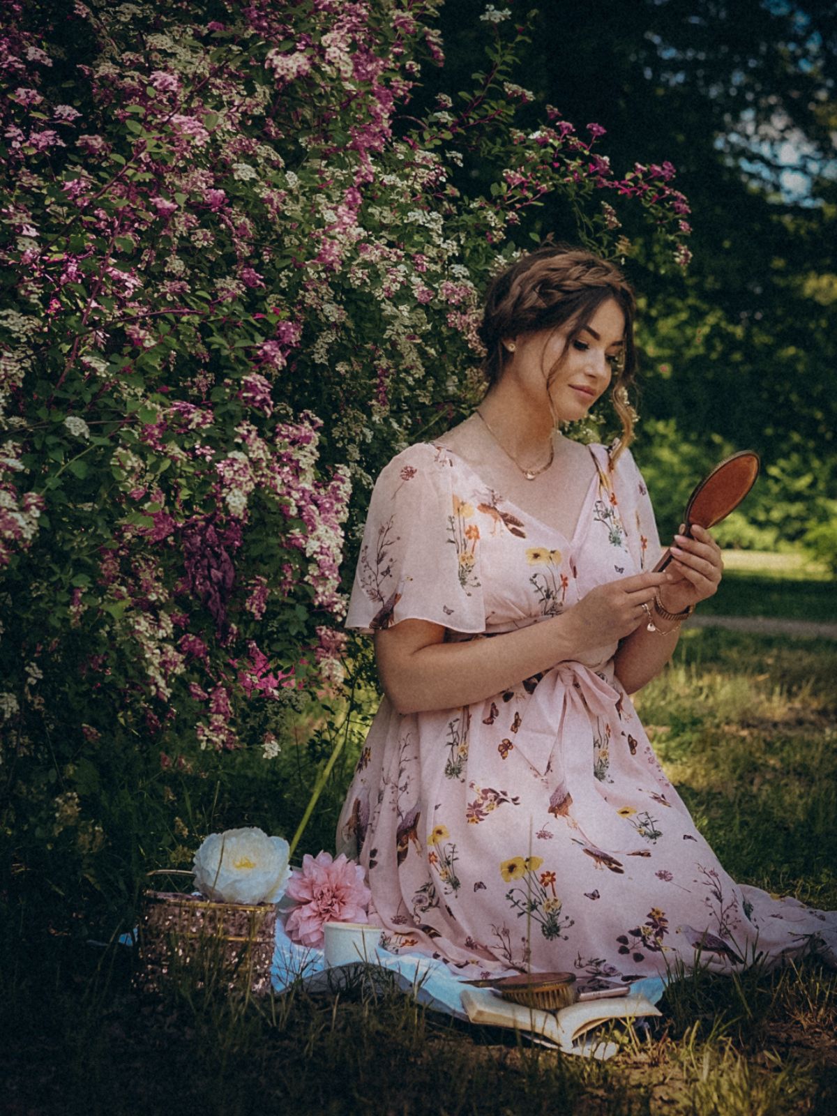 Pink Flowers And Birds Bowknot V-Neck Dress