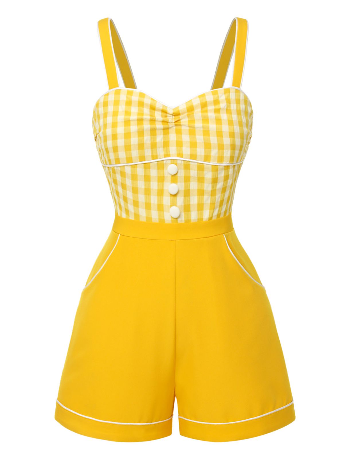 Yellow 1950s Spaghetti Strap Plaids Romper