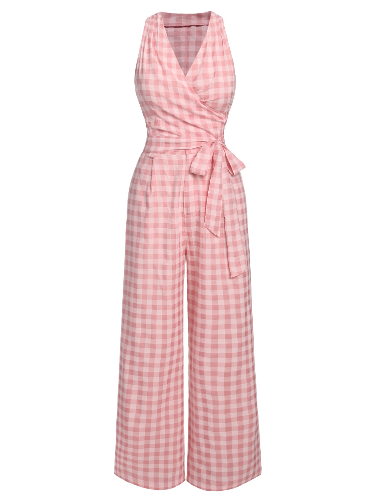 2PCS Pink 1960s Plaid Tie Top & Wide-Leg Pants