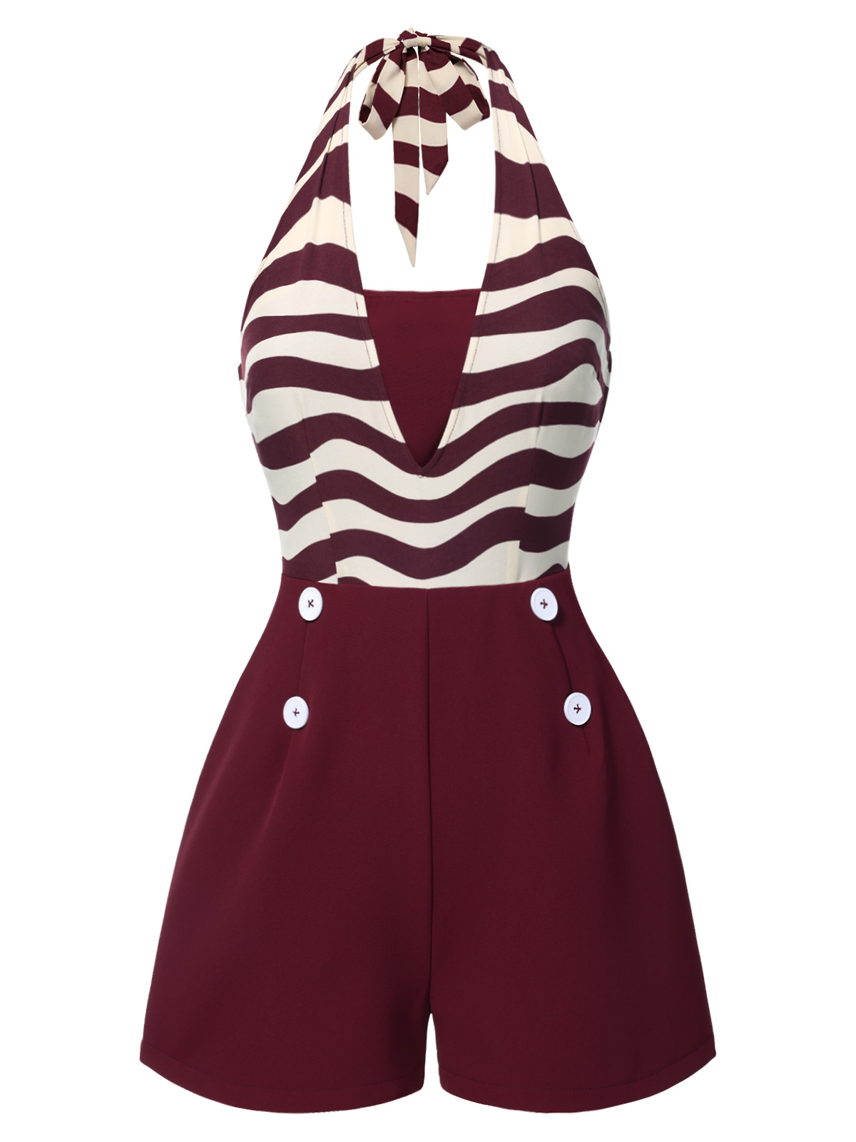 Deep Red 1950s Wavy Stripe Halter Romper