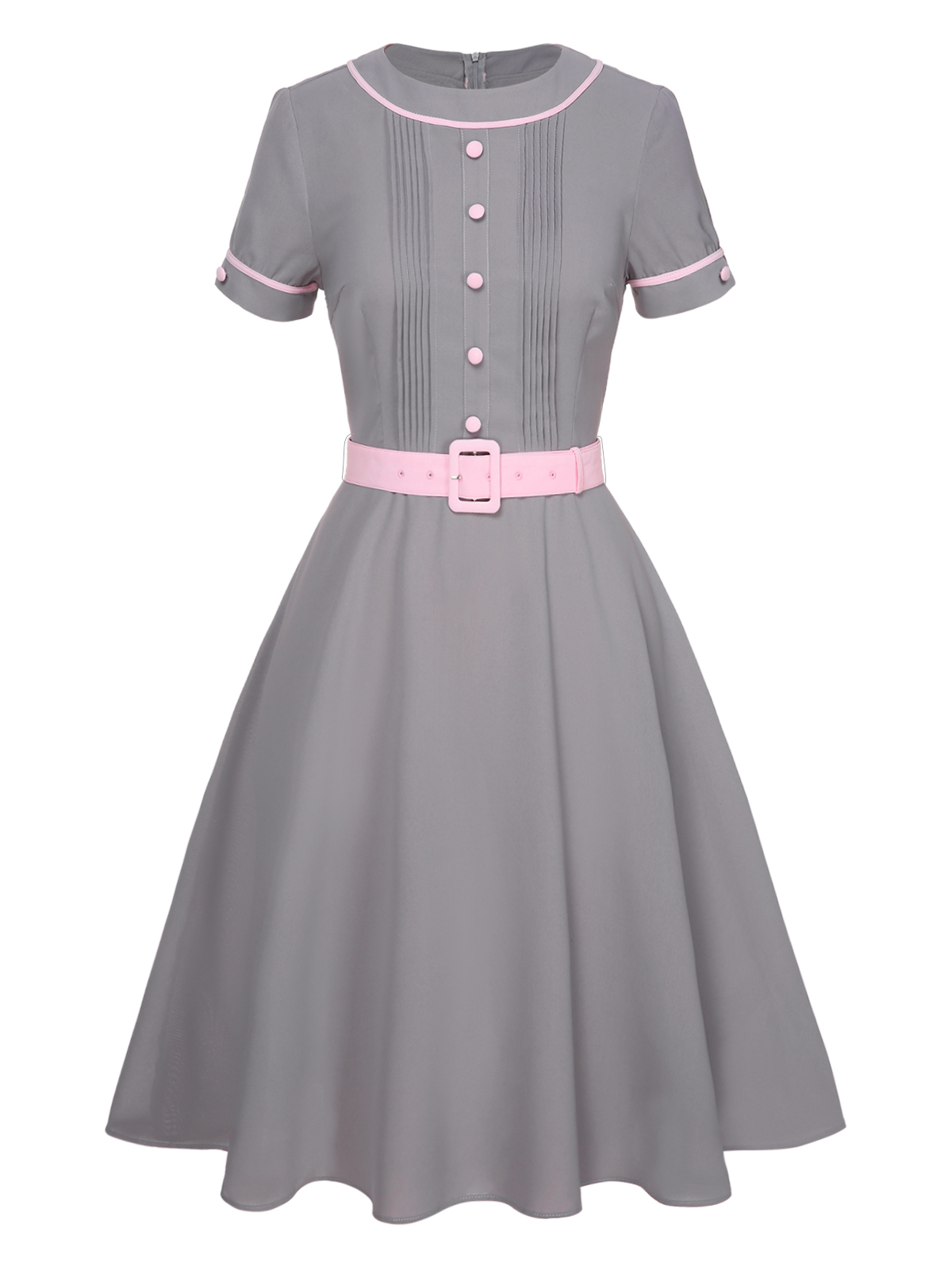 Gray 1950s Solid Contrast Belted Dress