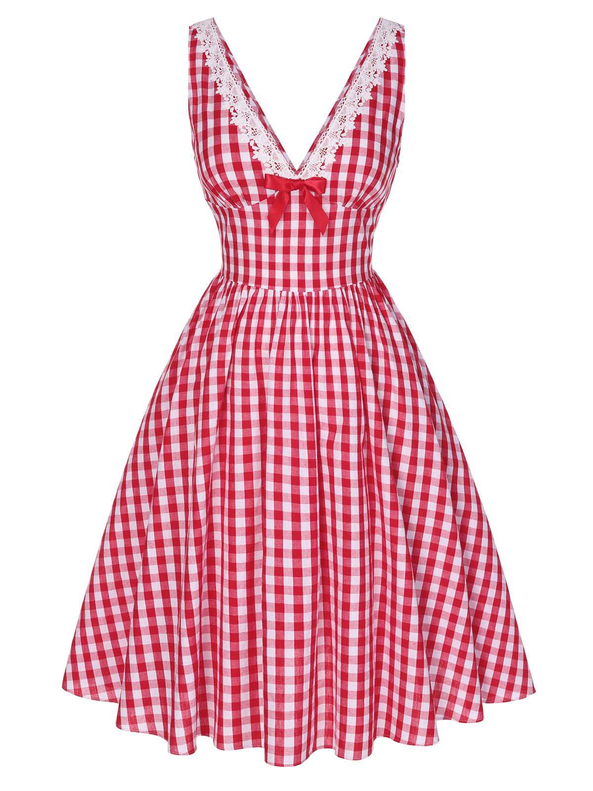 Red 1950s Lace V-Neck Plaid Dress