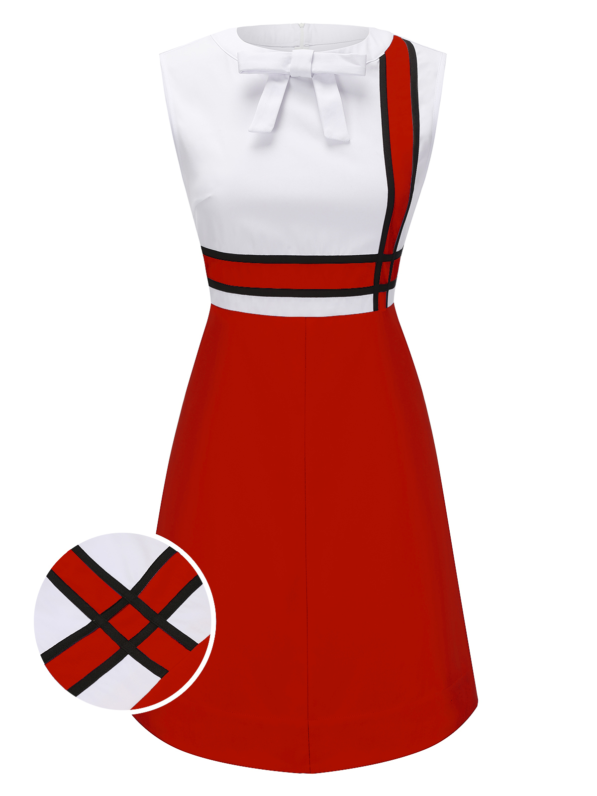 White & Red 1960s Bowknot Patchwork Dress