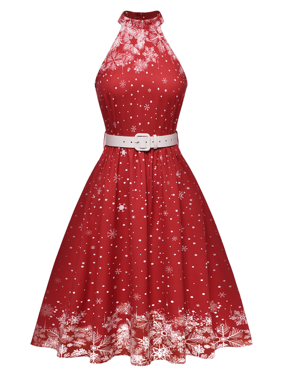 [Pre-Sale] Red 1950s Halter Christmas Snowflake Belted Dress - Red / S / 2