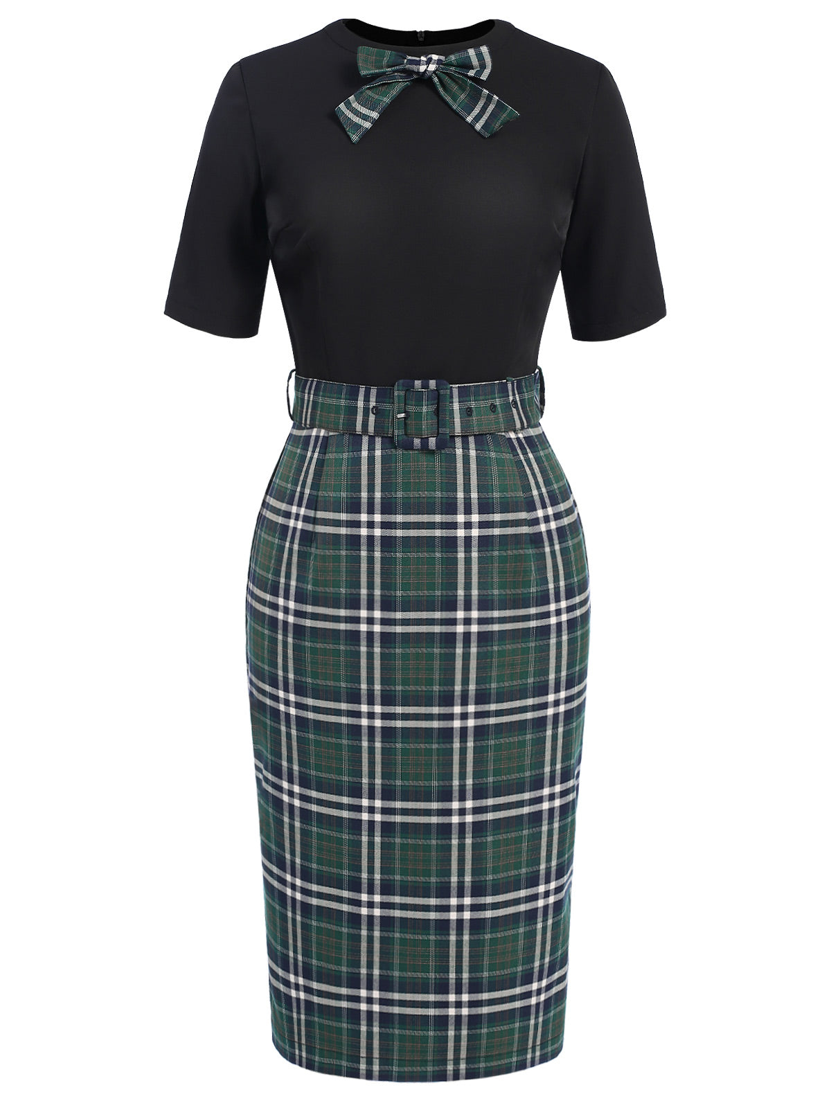 [Pre-Sale] 1960s Christmas Contrast Plaids Bow Belted Dress - Green / S / 2