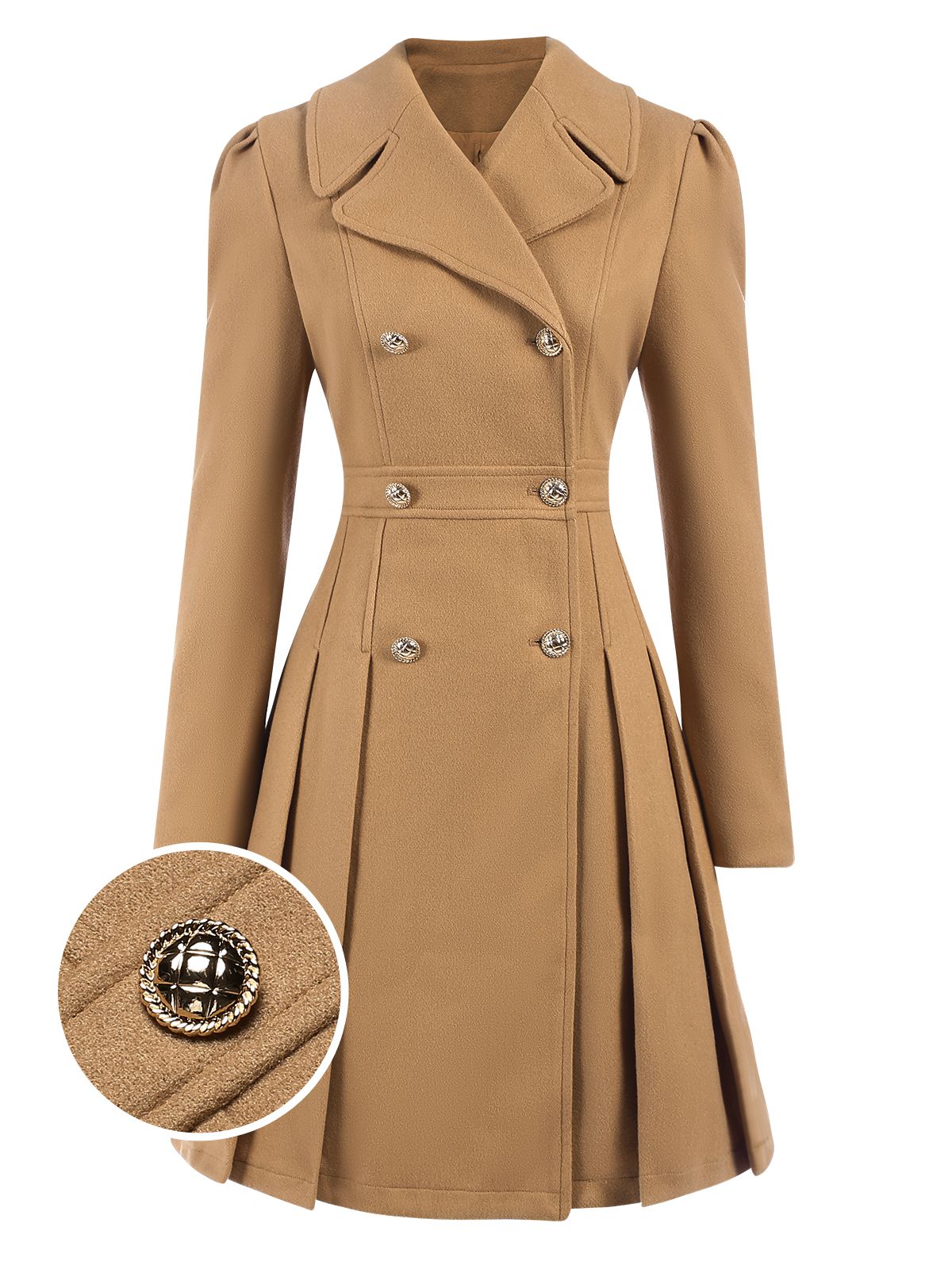 1940s Lapel Double-Breasted Pocket A-Line Coat - Light Khaki / S