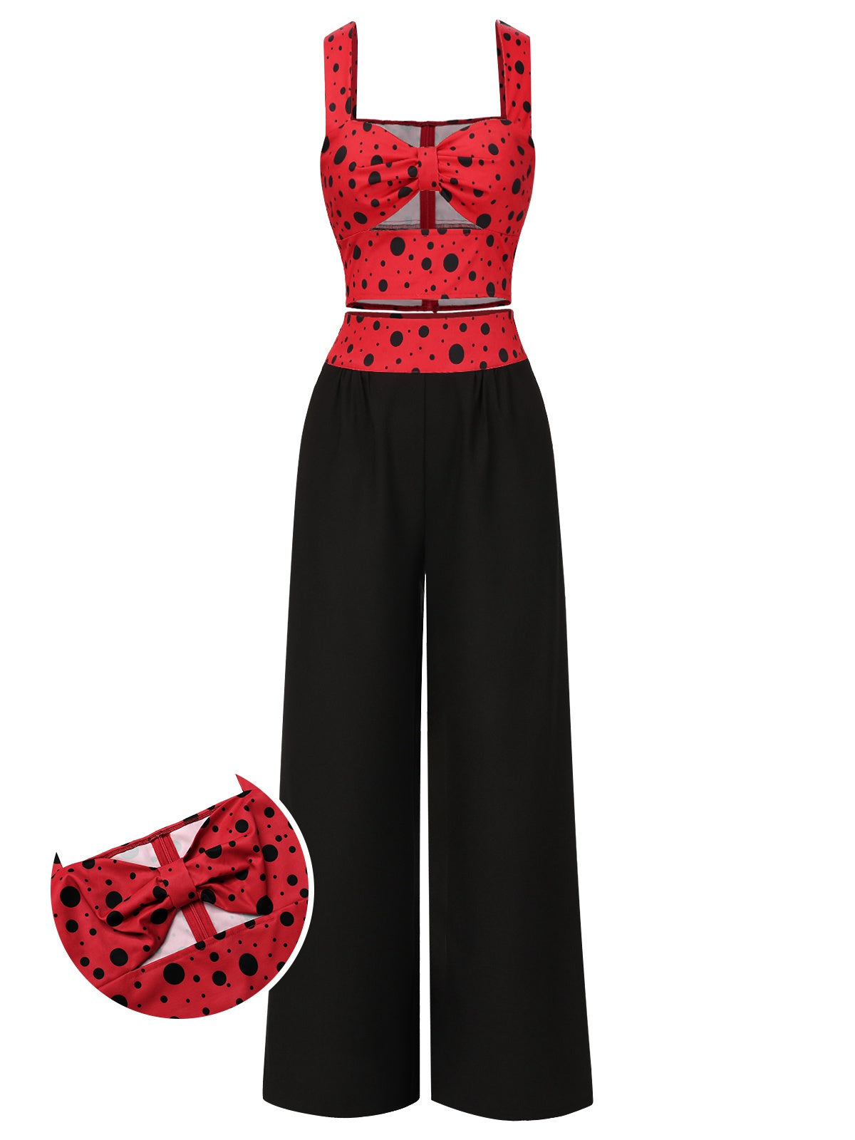 [Pre-Sale] 2PCS Red 1950s Dots Hollow Crop Top & Black Pants - Deep Red / S / 2