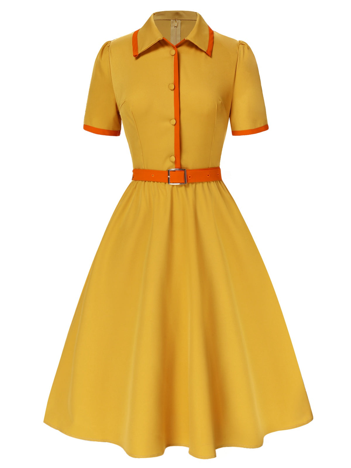 [Pre-Sale] Yellow 1950s Contrast Shirt Collar Belted Dress - Yellow / S / 2