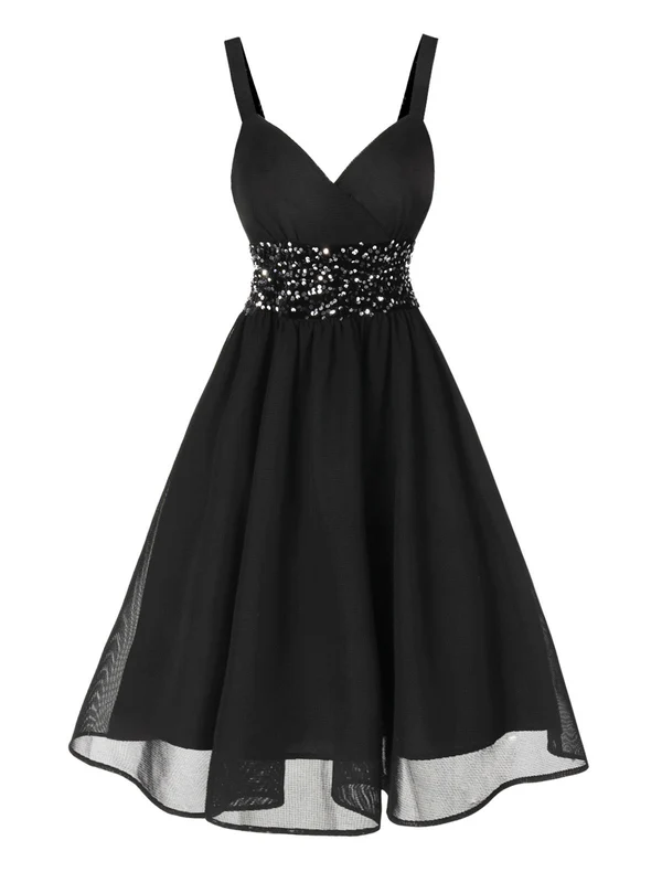 [Pre-Sale] Black 1950s Sequined Patchwork Straps Dress
